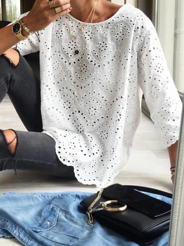 White Laser Cut Paisley ¾ Long Sleeve Top