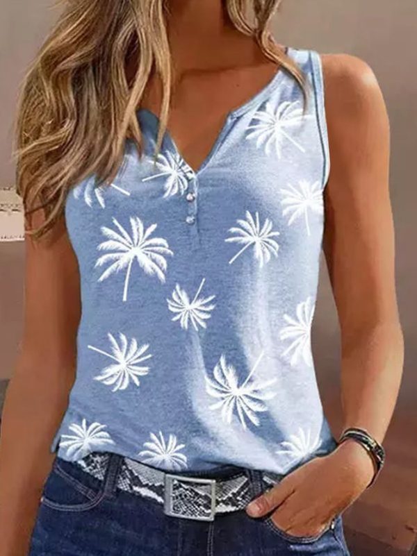 Faded Blue White Palm Tree Print Button Front Tank Top