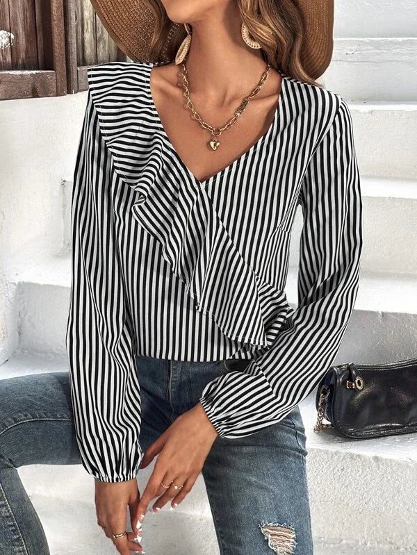 Ruffled Black White Striped Long Sleeve Top