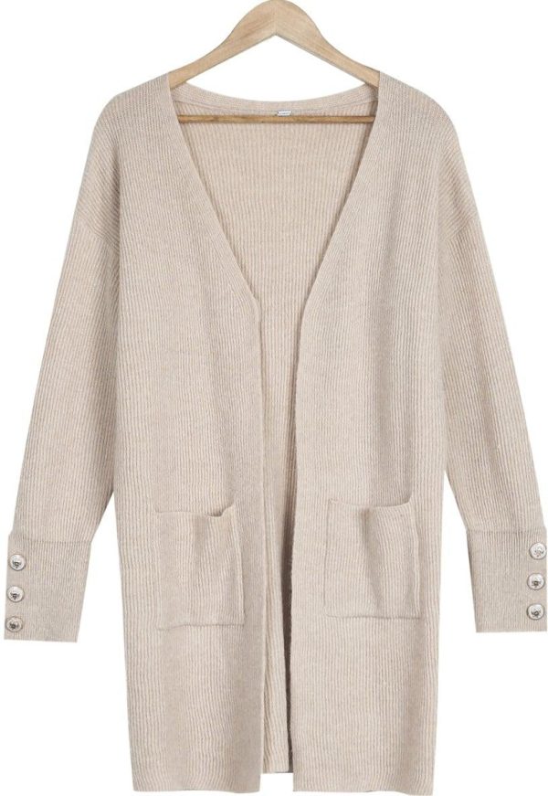 Classic Beige Long-Sleeve Pocket Cardigan