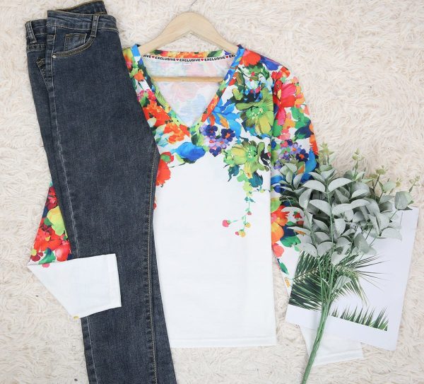 Fresh Floral Garden V-Neck Long Sleeve Top