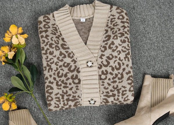 Casual V-Neck Coffee Print Cardigan