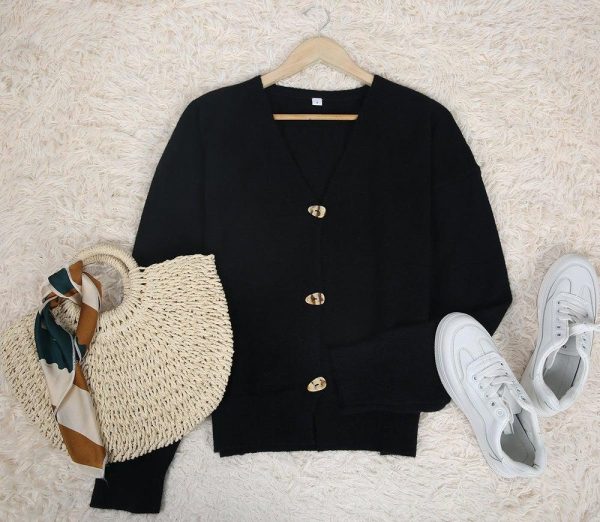 Simple Long Sleeve Black Plain Cardigan