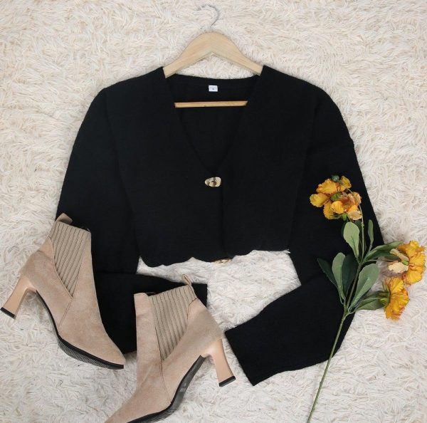 Simple Long Sleeve Black Plain Cardigan