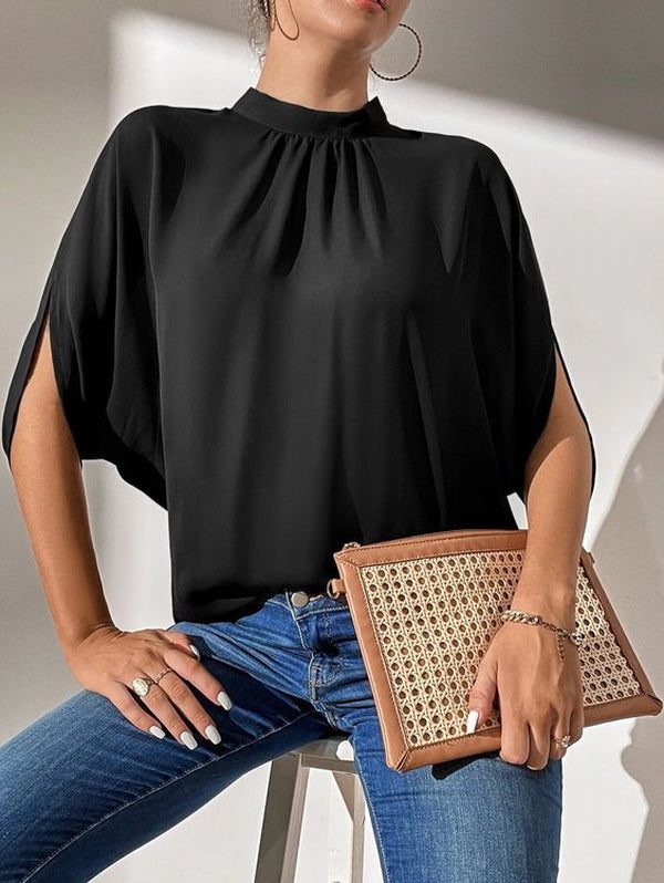 Mock Neck Black Split Sleeve Top