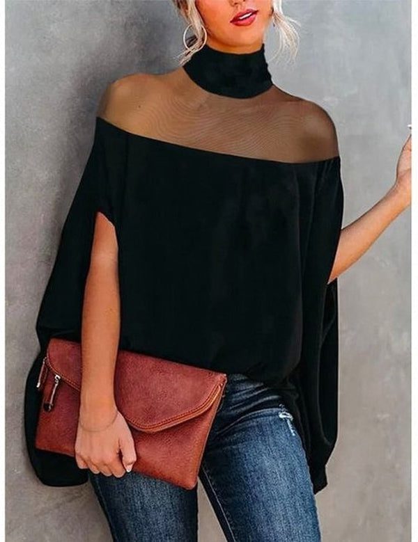 High Neck Sheer Asymmetrical Cape Top