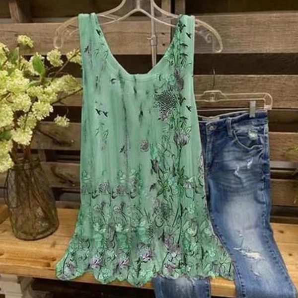 Green Sleeveless Print Tank Top