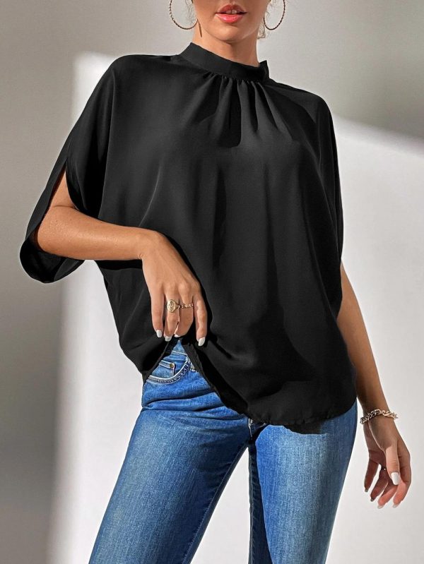 Mock Neck Black Split Sleeve Top