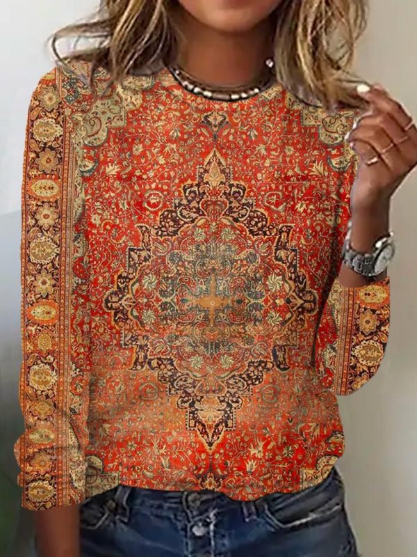 Yellow Orange Vintage Print Long Sleeve Top