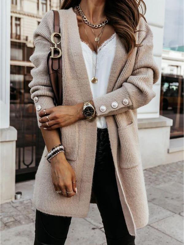 Classic Beige Long-Sleeve Pocket Cardigan