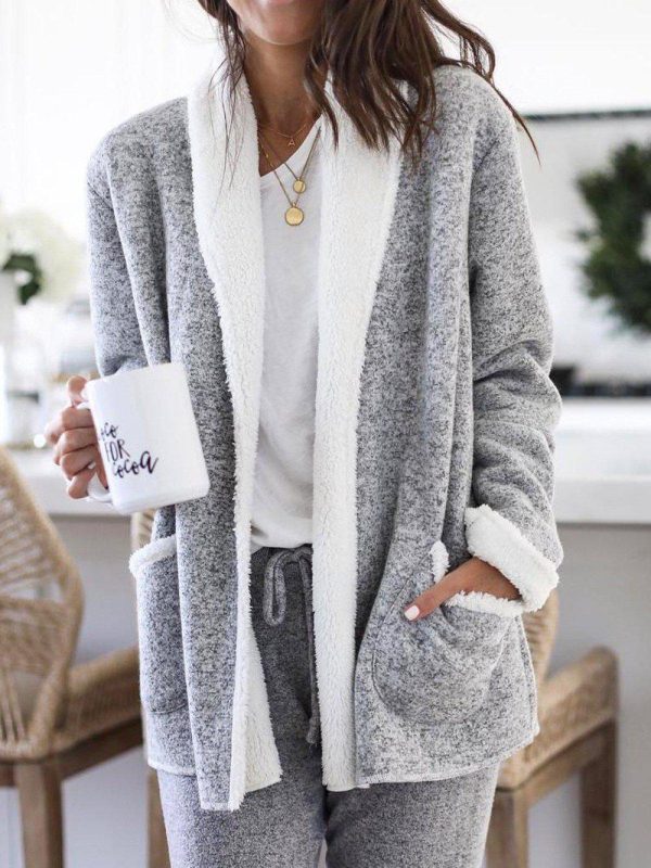 Cozy Gray and White Trim Double Pocket Cardigan