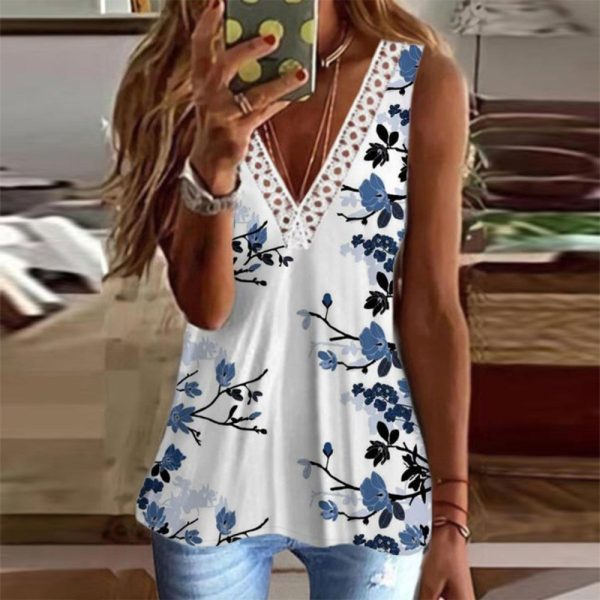 Blue Flower Sleeveless V-Neck Summer Cami