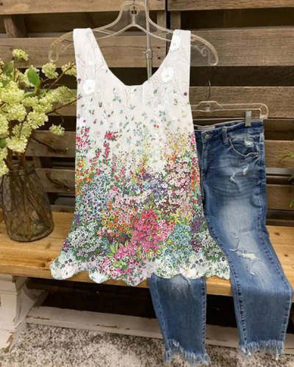 White Colorful Abstract Floral Print Tank Top