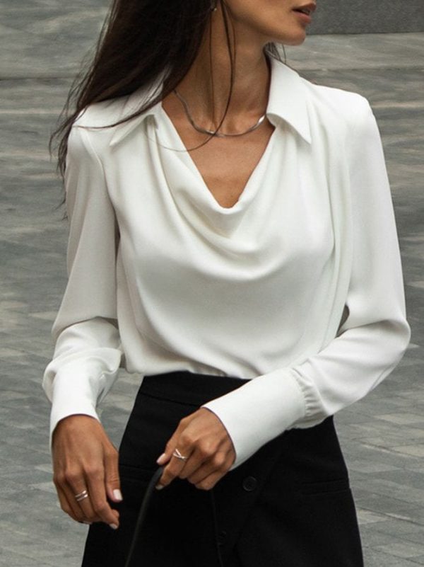 Cream White Cowl Neck Fold-Over Collar Blouse Top