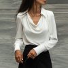 Cream White Cowl Neck Fold-Over Collar Blouse Top