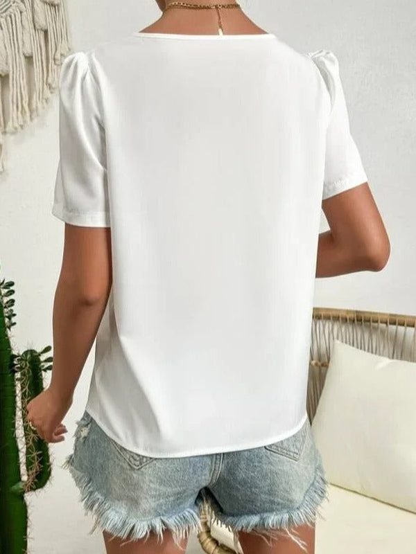 Solid White Puffed Short Sleeve Asymmetrical Top