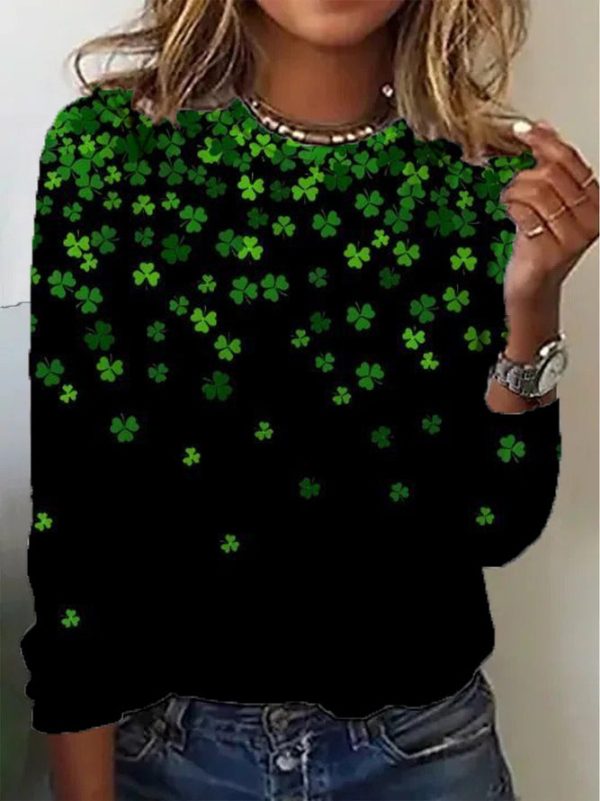 Lucky Green Four-Leaf Clover Print Long Sleeve Top