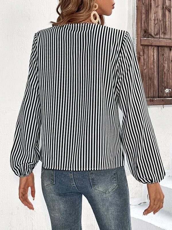 Ruffled Black White Striped Long Sleeve Top