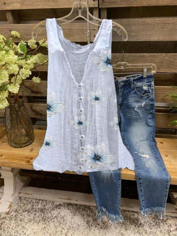 White Blue Flower Print Tank Top