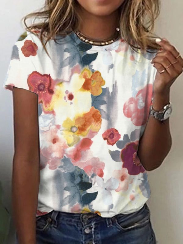 Lake Watercolor Floral Print Short Sleeve Top