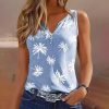 Faded Blue White Palm Tree Print Button Front Tank Top