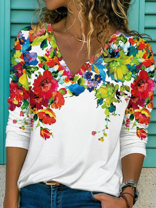 Fresh Floral Garden V-Neck Long Sleeve Top